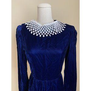 NWT Vintage 80s LANZ Blue Velvet Dress Crochet Lace Collar Modest Cottagecore